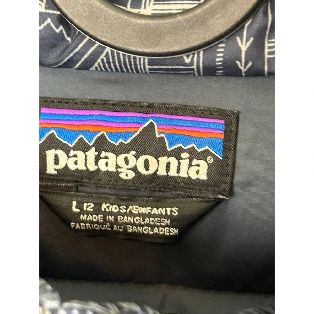 Patagonia Down Sweater Jacket Navy Blue Geometric Kids Large 12 Puffer Zip‎